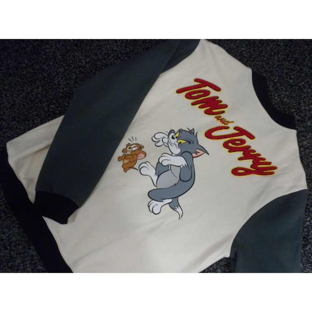 Tom and Jerry Jacket Mens M‎ Beige Gray Snap Varsity Applique Cartoon Cat Mouse
